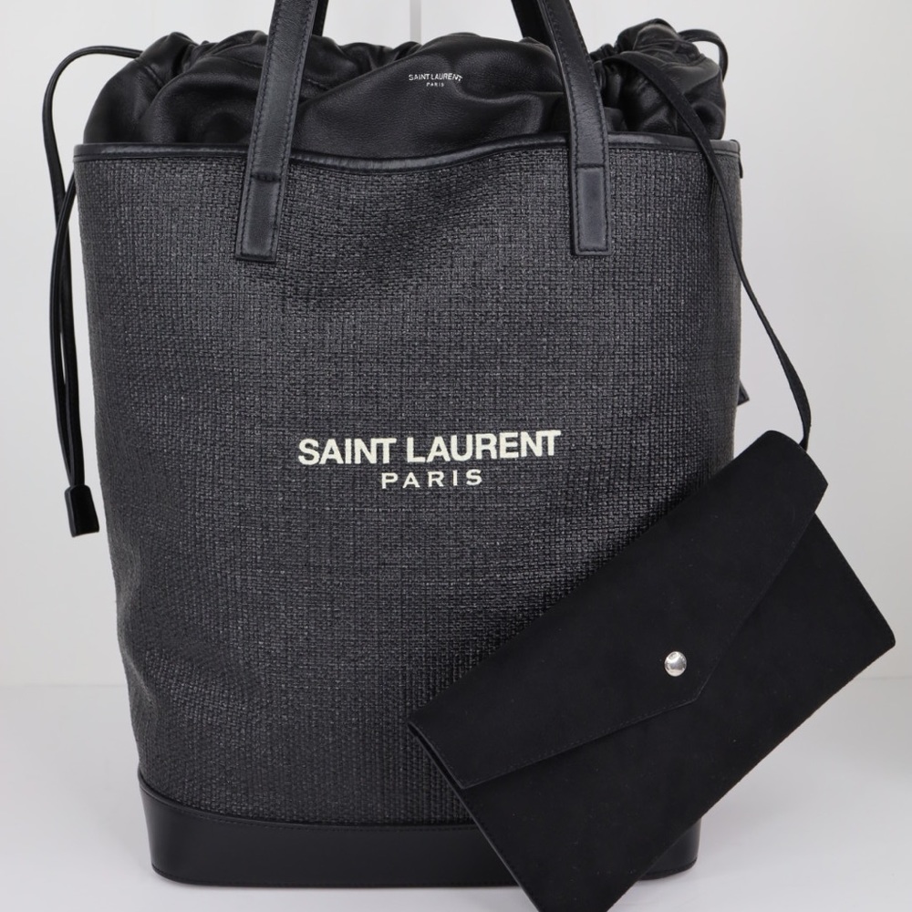 ❗️No Available❗️ YSL Saint Laurent Bucket Teddy Medium Black Raffia Woven Shoul